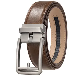 Detailed macro shot of brown leather men's belt with a matte silver automatic buckle