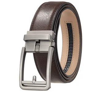 Close-up detail of a men's brown textured leather belt with a sleek automatic buckle