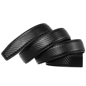 Detailed view of black men's automatic belt strap with premium carbon fiber texture