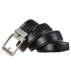 Professional close-up detail of men's black leather belt with automatic gunmetal buckle