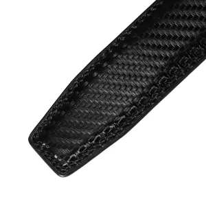 Macro view of black men's automatic belt strap showing carbon fiber texture and stitching