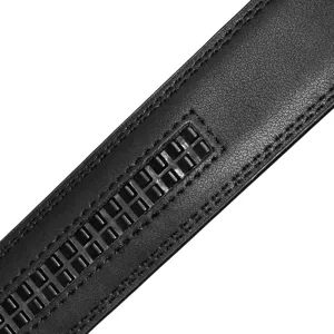 Macro view showing the fine texture and automatic ratchet track of a black leather belt strap