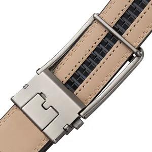 Close-up detail of a men's automatic buckle leather belt with matte silver finish buckle