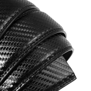 Macro view of a black automatic belt strap showing detailed carbon fiber-like texture.