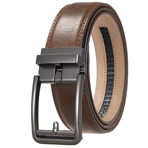Close-up detail of a brown leather men's belt with an automatic gunmetal buckle and stitching