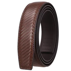 Detailed macro view of brown woven texture on a buckleless automatic leather belt strap