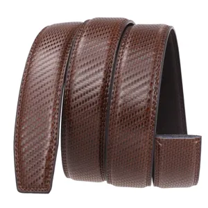 Detailed macro view of brown woven textured leather automatic belt strap 3.5cm wide