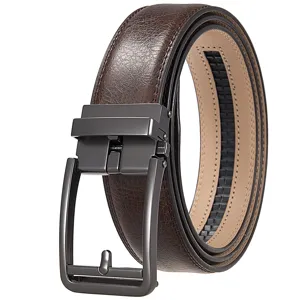 Close-up detail of men's brown textured leather belt with sleek black automatic buckle