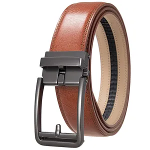 Close-up detail of brown men's leather belt with stylish gunmetal automatic buckle