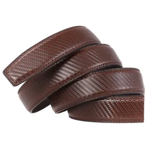 Detail view of a brown men's belt strap with embossed woven texture without buckle.