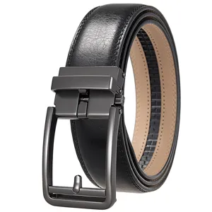 Detailed view of men's black cowhide leather belt featuring a gunmetal automatic buckle.