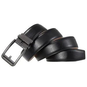 Detail view of a men's black leather belt featuring a sleek gunmetal automatic buckle.