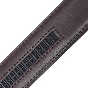 Close-up of the ratchet track on a brown leather automatic belt strap