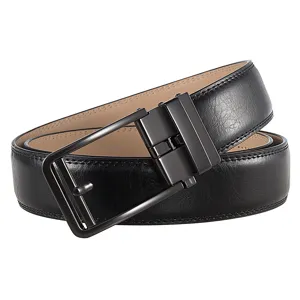 Close-up detail of black leather men's belt with a matte metal automatic buckle and stitching
