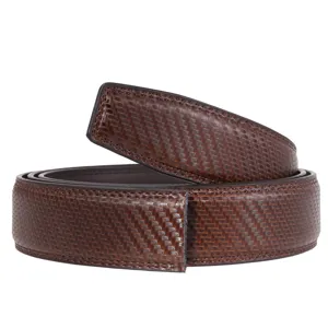 Detail of brown leather belt strap with carbon fiber weave texture and edge stitching.