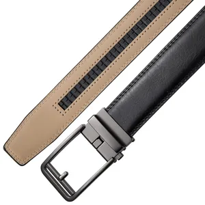 Close-up of black men's automatic leather belt with gunmetal buckle and ratchet track