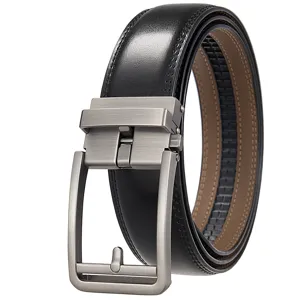 Detail view of a men's split leather belt featuring a brushed metal automatic buckle
