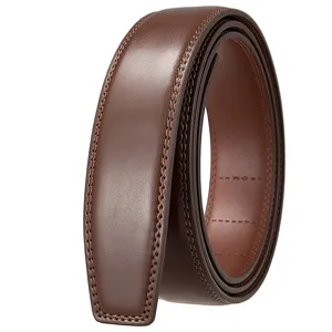 Macro view of brown leather automatic belt strap with durable double stitching
