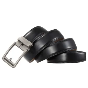 Macro view showing the automatic buckle and split cowhide texture of the black men's leather belt