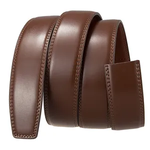 Close-up of brown leather belt strap with detailed double stitching along the edges