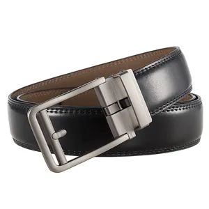 Detailed view of the brushed metal buckle and stitched black leather belt strap