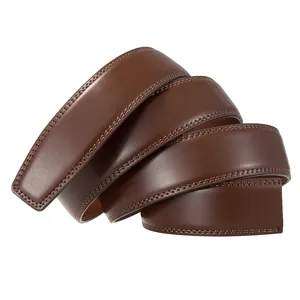 Detailed view of a brown genuine leather belt strap featuring premium double stitching