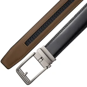Detailed view of men's leather belt featuring a textured brown side and gunmetal automatic buckle