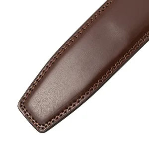 Close-up detail of brown leather belt strap with fine grain and double stitching