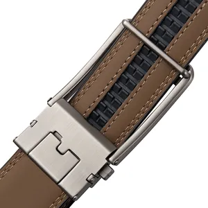 Close-up detail of a brown leather belt with a brushed metal automatic buckle.