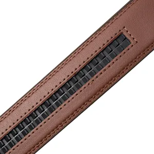 Detailed macro view of a brown leather belt strap showing its automatic ratchet mechanism