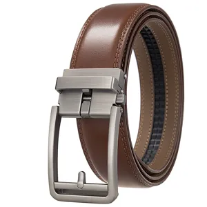 Detailed close-up of men's brown leather belt with a brushed metal automatic buckle