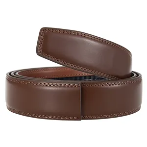 Detail view of brown leather automatic belt strap with double stitching along edges.
