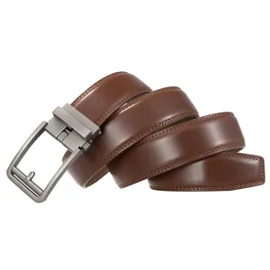 Detailed view of high-quality brown men's leather belt with stylish gunmetal automatic buckle.