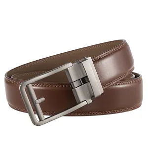 Detailed close-up view of a brown split cowhide leather belt with a brushed metal buckle.