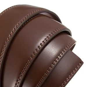 Macro view of brown leather belt strap showing fine stitching and skin texture
