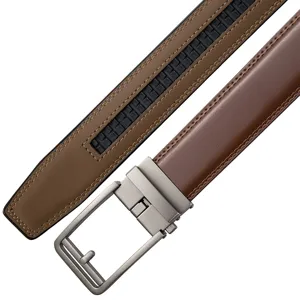 Close-up detail showing the brushed metal automatic buckle on a men's genuine leather belt