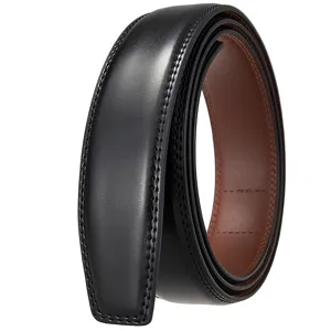 Detailed view of a premium black and brown leather belt strap with fine stitching.
