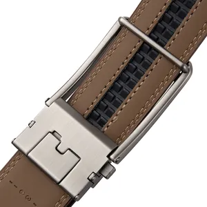 Close-up detail of automatic metal buckle and stitching on men's brown leather belt