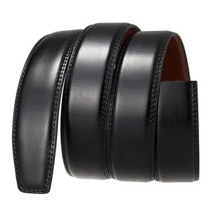 Close-up detail of black leather belt strap with double stitching for automatic buckle