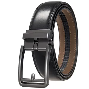 Close-up detail of men's black leather belt with automatic matte metal buckle