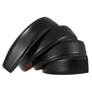 Close-up detail of premium black leather automatic belt strap showing fine edge stitching