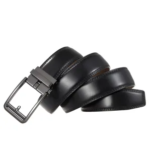 Macro detail of a premium black leather belt with gunmetal gray automatic buckle.