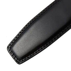 Close-up detail of black leather belt strap showing fine grain texture and durable stitching.
