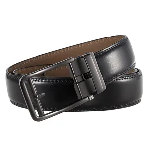 Close-up of a premium men's black leather belt with gunmetal automatic buckle detail
