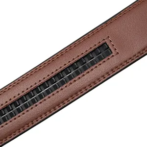 Close-up of premium brown leather belt strap featuring a black automatic ratchet track detail