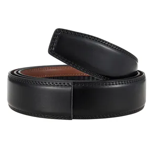 Close-up of a premium black leather automatic belt strap with precision stitching details.