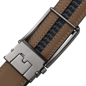 Close-up macro detail of a premium brown leather belt with automatic metal buckle