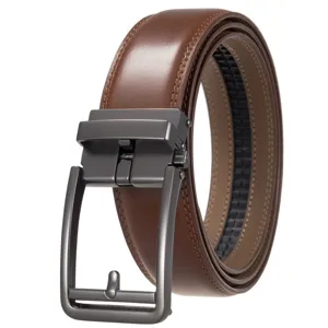 Detailed view of men's brown leather belt featuring a sleek gunmetal automatic buckle