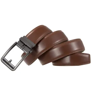 Close-up detail of a brown men's split leather belt with a gunmetal automatic buckle