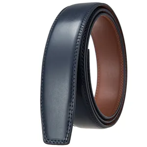 Navy blue leather men's automatic belt strap without buckle, 3.5cm width detail